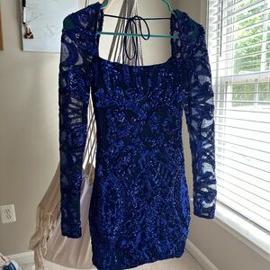 Lucy In The Sky, Sequin Long Sleeve Dress in Blue